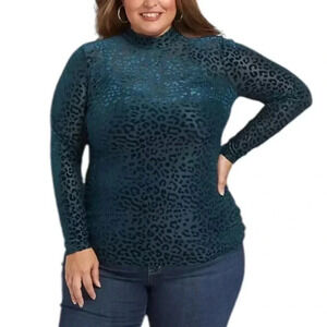 LANE BRYANT Teal Leopard Burnout Velvet Mock Neck Top 18/20 Long Sleeve Stretch